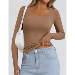 Tenues d'automne personnalisées 2025 pour femmes, t-shirts basiques côtelés à col rond, chemises à manches longues, hauts tendance pour l'extérieur - Product Image 3