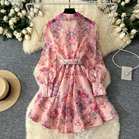 Robe Courte Décontractée Élégante pour Femme à Imprimé Floral, Coupe Trapèze, Col Revers, Manches Longues Lanterne, Ceinturée, Idéale pour le Quotidien et les Vacances