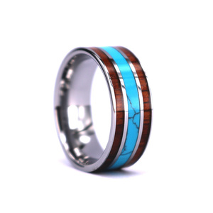 Fascia <span class=keywords><strong>piatta</strong></span> in argento Extra-largo 10mm anello di tungsteno con intarsio turchese tra legno di Koa da uomo <span class=keywords><strong>fede</strong></span> <span class=keywords><strong>nuziale</strong></span> - Product Image 4
