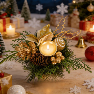 Nuovo Ornamento <span class=keywords><strong>Natalizio</strong></span> a Forma di Candeliere con Decorazione a Nastro di Piante Verdi Simulate per Tavolo da Pranzo, Regalo di Natale - Product Image 1