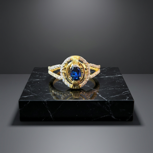 Elegant 18K <b>Gold</b> <b>Cocktail</b> <b>Ring</b> Blue Gemstone Center Sparkling Stones Luxury Modern Jewelry for Women Perfect Wedding Gifting - Product Image 2
