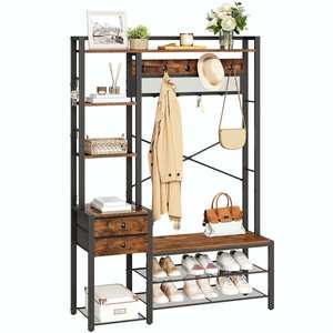 Porte-manteau industriel en gros, style vintage en bois et métal avec banc à <span class=keywords><strong>chaussures</strong></span>, marron rustique pour entrée et couloir - Product Image 2