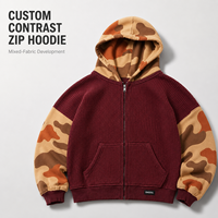 OEM Fabrik Maßgeschneiderte Waffel-Zip-Hoodie mit Camo-Kontrast-Raglanärmeln, Schwergewichtige Übergroße Farbblock-Herren-Streetwear-Hoodies