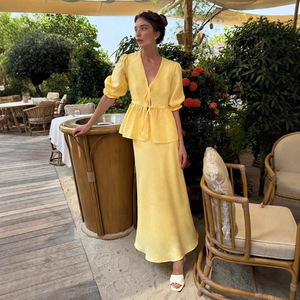Traje de Falda con Cuello en V y Mangas <span class=keywords><strong>Cortas</strong></span> con Volantes, Nuevo para Verano - Product Image 1