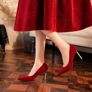 8777H Pointed Toe Stiletto <b>Heel</b> Velvet <b>Red</b> Pumps High <b>Heel</b> Bridal Shoes Women - Product Image 4