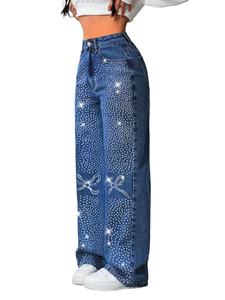 YUANBOFEI Jeans Personalizzati di Alta Qualità, Vintage Lavati con Paillettes Lucide a Farfalla, Jeans a Gamba Larga Comodi per Donne - Product Image 4