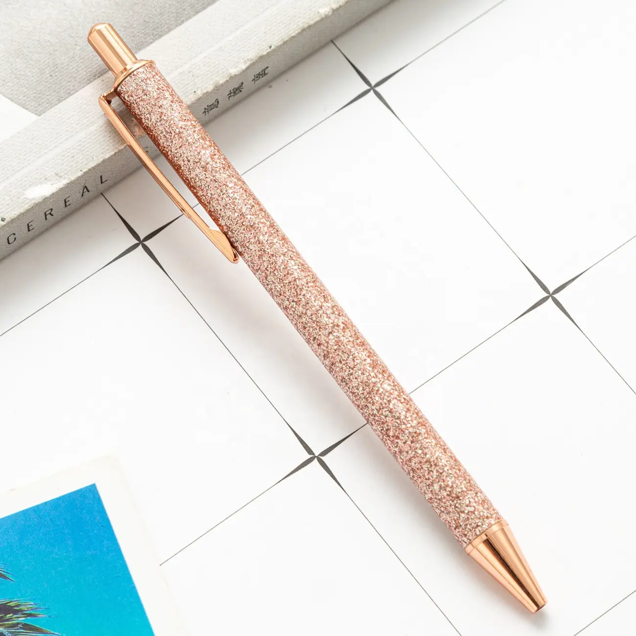 Groothandel Custom Logo Glitter Rose Gold Klik Bal Pennen Metalen Intrekbare Pen Girly Zwarte Inkt Geschenken Voor Bruiloft