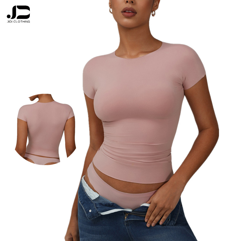 New Naked Feel Quick-Dry Soft Short Sleeve T-Shirt Women's Crew Neck High Elastic Sports Tops Gym Fitness Sexy Yoga Dance Tops