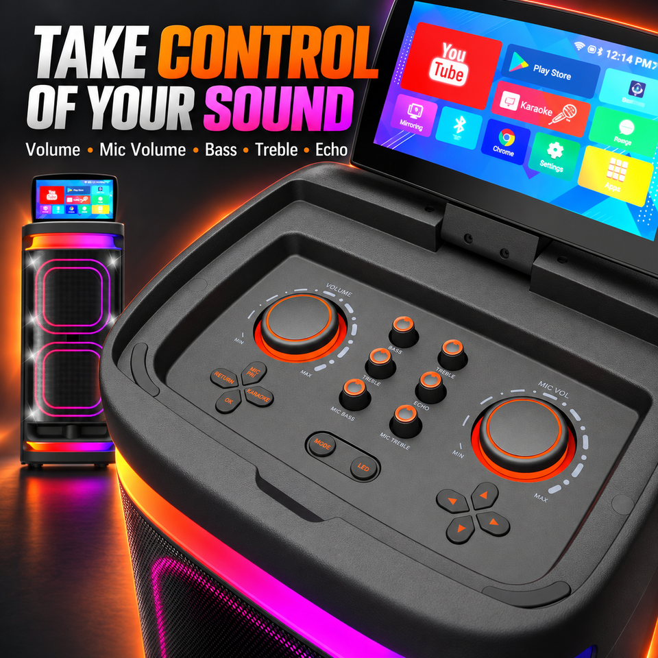 Android 14 Smart Screen Party Speaker Dual 10 Inch Woofer 60W Wireless ...