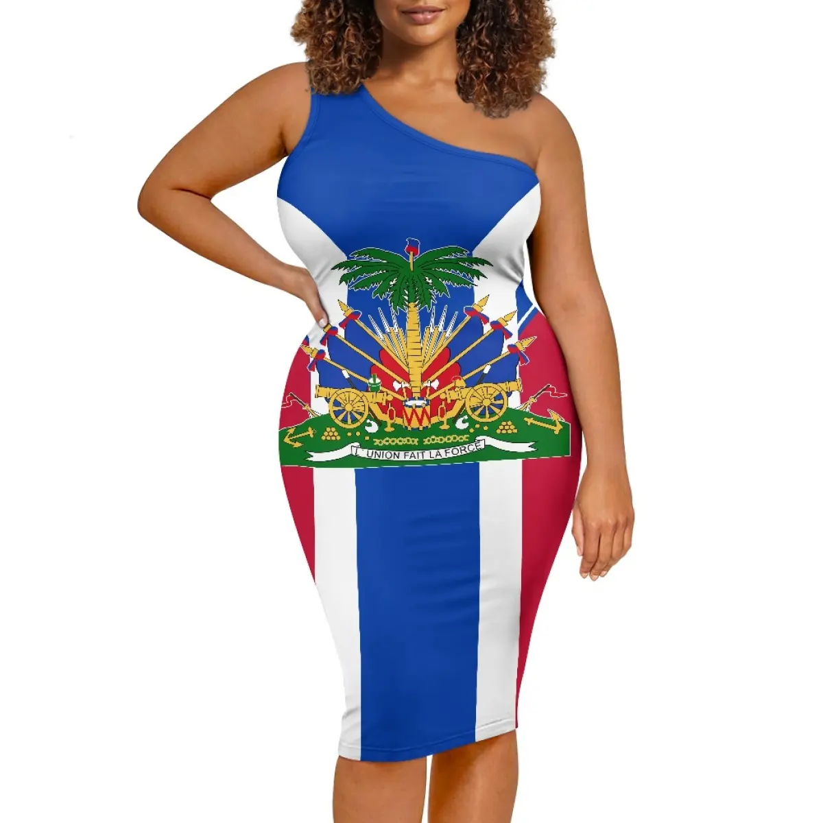 Vestido de ombro único com desenho de bandeira do Haiti, vestido sem mangas para mulheres com desconto popular, roupa de saia curta, venda imperdível