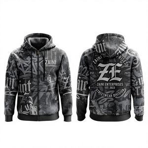 Premium Quality 320 GSM Cotton Polyester <b>Fleece</b> Zipper Hoodie Custom All Graphic Print Black <b>Grey</b> Streetwear Fashion <b>Men's</b> - Product Image 1