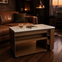 Mesa de Centro Elevatória com Armazenamento, Tampo em Buxo com Efeito Pedra, Gaveta e Prateleiras Abertas, Espaço de Armazenamento Oculto, Economia de Espaço, Fornecedor Atacadista