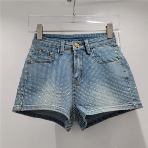 Nouveaux shorts en <span class=keywords><strong>jean</strong></span> taille haute ornés de strass, shorts moulants en denim extensible pour femmes - Product Image 2