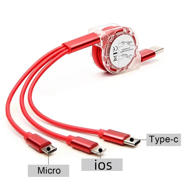 New 3A Fast Charging Stretchable One-to-Three Type-C Data Cable Android Mobile Phone Car-mounted Printer Compatibility for oppo
