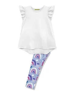 Setelan baju bayi, desain mode pre-order atasan flutter putih set Legging balita sederhana 2 potong