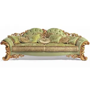 GUA Factory Hand-Carved Baroque French Chesterfield Gold Sofa Set Light Green Fabric Palace Retro Pearl Shell Design Living Room