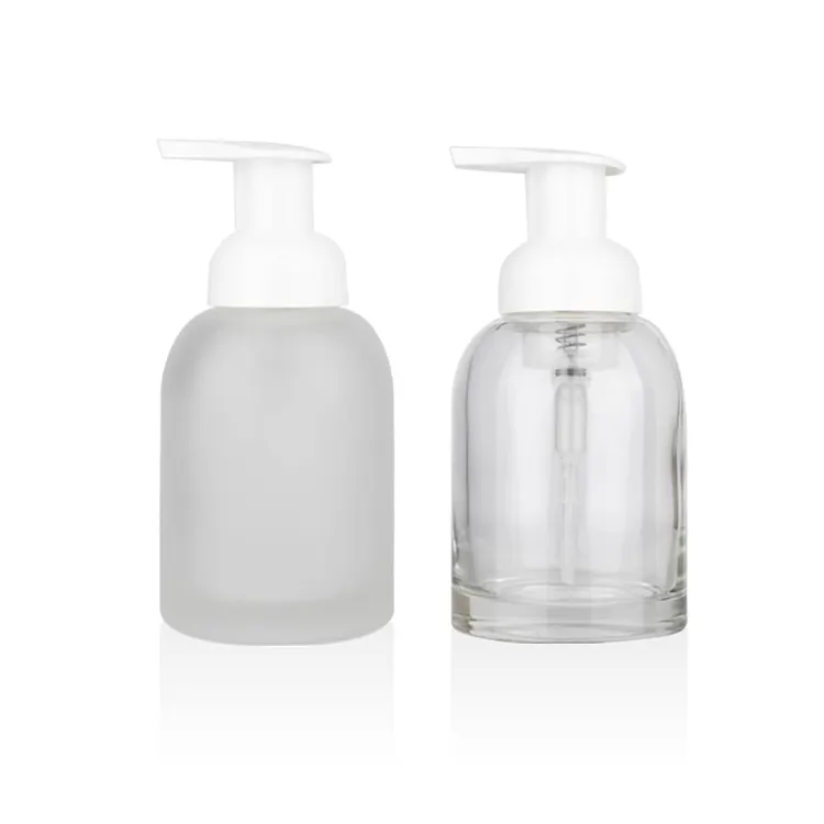 Lage Moq Glas Schuim Pomp Flessen Voor Shampoo Clear Frosted Ronde Aangepaste Schuim Fles Met Witte Pomp 250Ml 375ml