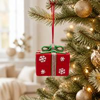 Ornement de Noël en argile en forme de boîte cadeau, breloque suspendue flocon de neige rouge, décoration de sapin de Noël pour fêtes et décoration intérieure saisonnière