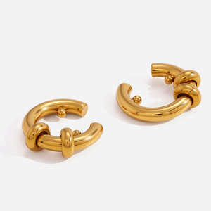 Golden Double Hoop <b>Cuff</b> <b>Earrings</b> Geometric Design For Women Non-Pierced <b>Ear</b> Clips Light Luxury Jewelry - Product Image 1