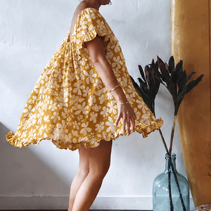 Nouvelle robe maxi à imprimé floral d'été, col carré, mini-jupe, robe de plage personnalisée en lin et viscose - Product Image 2