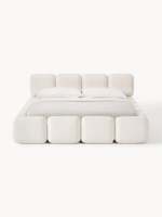 Lit de rangement carré haut de gamme en tissu de fourrure d'agneau crème, style tufté, moderne et minimaliste, taille King, best-seller tendance