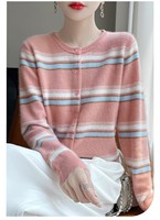 Maßgefertigte Reine Kaschmir-Strickjacke für Damen mit Rundhalsausschnitt und Streifenmuster, Locker und Figurbetont Sitzender Pullover-Mantel