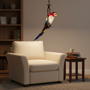 Lámpara Colgante LED de Vitral Estilo Tiffany Europeo, Diseño de Loro Rojo Grande, Forma Larga, 2700K, Luz Blanca Cálida Suave, Cilíndrica - Product Image 2