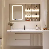 Meuble-lavabo moderne en MDF laqué mélaminé sur mesure avec vasque en céramique et miroir LED résistant à l'eau pour hôtel et appartement
