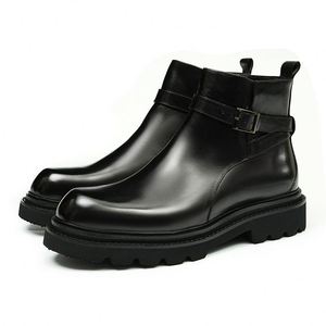 High Quality Black Ankle Square Toe Chelsea <b>Boots</b> First Layer Cowhide Lightweight Business Casual Platform Winter for Men - Product Image 3
