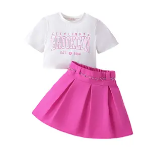 新作ファッション2個女の子服セット半袖レタープリントTシャツ + ソリッドプリーツスカート