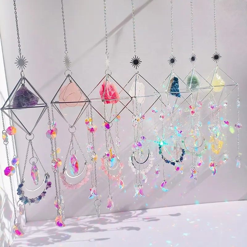 wholesale silver light prism k9 hanging with moon for window natural healing stones beads supplies handmade crystal suncatcher