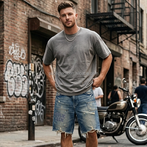 Custom Heavyweight Acid <b>Wash</b> Denim Shorts Mens Luxury Plat Embroidery Distressed Raw Frayed Hem Wide Leg Baggy Short Jeans Pants - Product Image 3