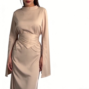 Robes élégantes à col mi-haut et manches longues pour femmes, nouvelle collection printemps, avec bordure en satin, taille cintrée, tendance - Product Image 1