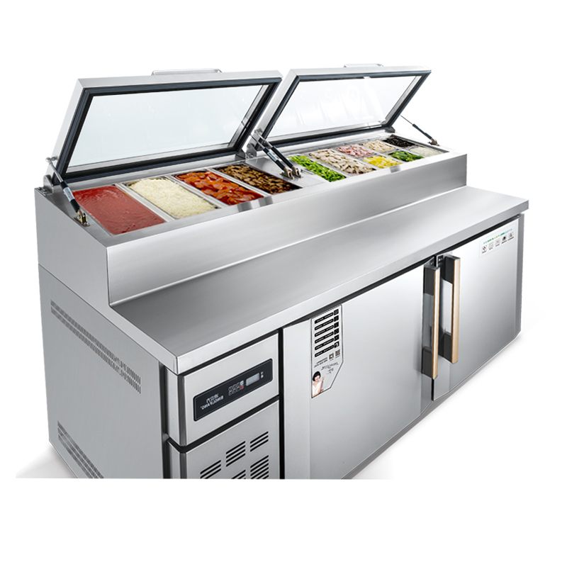 Venta caliente Sandwich Prep Table Refrigerador Comercial Refrigerado Salad Prep Station Mesa nevera con tabla de cortar y sartenes