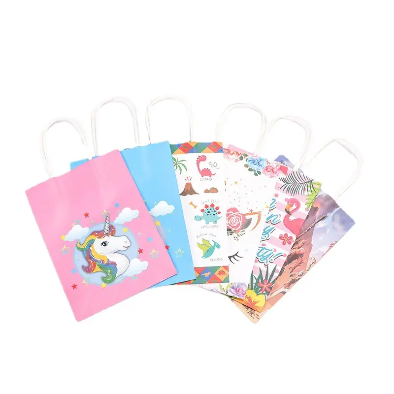 Wholesale Gift Packaging Birthday Party Shopping Tote Bag Kids Cartoon Customize printing 120G 150G White Kraft Paper Bag
