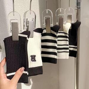 Women's Mid Calf Socks Black White Striped Letter Design Breathable Jacquard Knit Spring Autumn Casual Style - Product Image 1