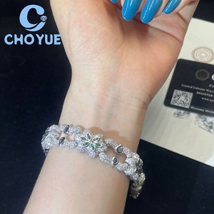 สร้อยข้อมือคิวบาประดับมอสซาไนต์ทรงมาร์คีส์สีน้ำเงินรอยัล เงินแท้ 925 ดีไซน์ดอกไม้ ชุบโรเดียม เครื่องประดับหรูหราสำหรับผู้หญิง - Product Image 1