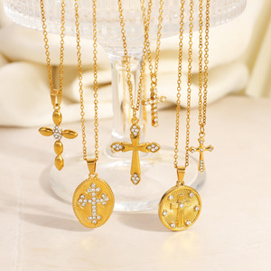 <b>Cross</b> Pendant Necklace 18K Gold Plated Diamond Set Round Geometric Design Retro Style Simple Elegant Layered Clavicle <b>Chain</b> - Product Image 1