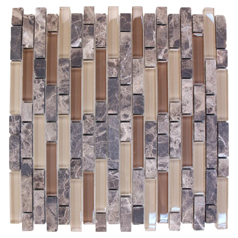 Strip natural marble mix crystal clear glass mosaic wall tile Foshan decorative indoor/outdoor stone and glass mosaic