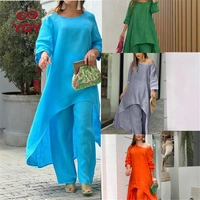 Ensemble décontracté d'été deux pièces pour femme en coton et lin : haut à manches longues asymétrique et pantalon large confortable