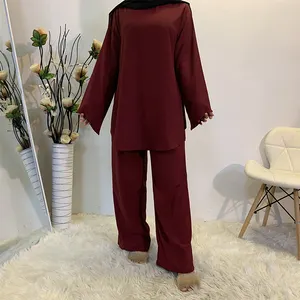 Dubaï Caftan Costumes Robes Articles Islamiques Pour Femmes Musulmanes 2 Pièces Pantalon Abaya Ouvert 2024 Mode Pantalon Et Top