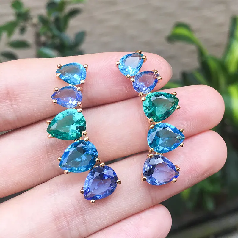 Pendientes de latón de colores surtidos para mujer, aretes de regalo de boda de nuevo diseño, joyería de cristal de piedra colorida, precio al por mayor, 2023