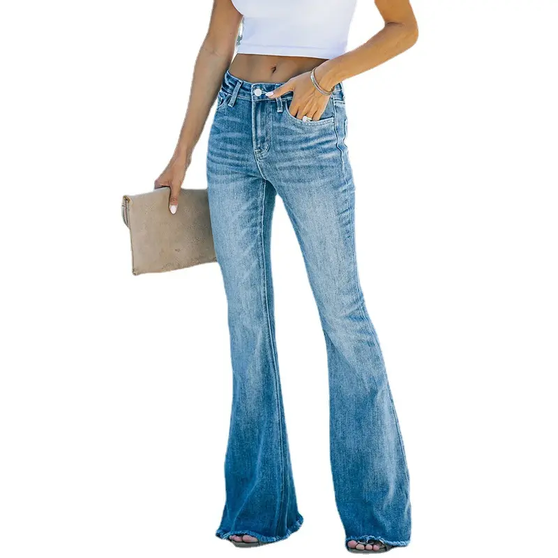C CLOTHING High Quality Wide Leg Denim Pants Womens Retro High-waisted Flare Bell Bottom Jeans