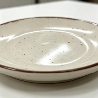 Assiette de présentation en porcelaine crème mouchetée avec bord brun, motif personnalisé en relief, finition sur glaçure, compatible lave-vaisselle pour la maison, les hôtels et les événements