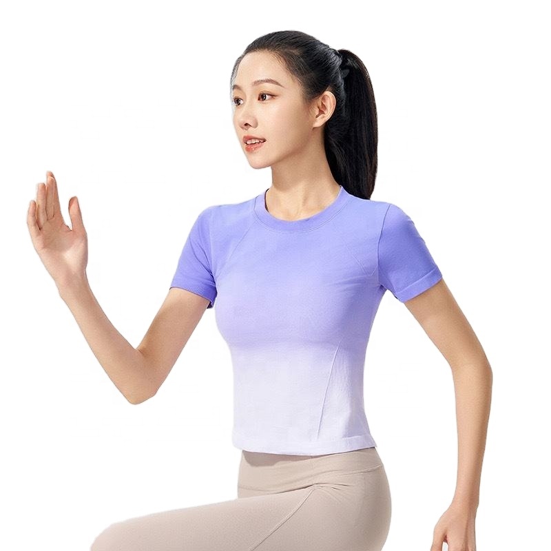 Seamless Gradient Yoga Tops With Fishbone Shaping Design Quick Dry Gym Daily Short Sleeved Athletic Tops Tennis Golf Sportswear