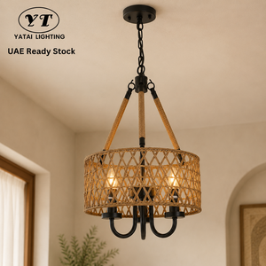Boho Woven Rattan Pendant <b>Light</b> With Iron Hemp <b>Rope</b> Shade Adjustable Height For Dining Room Restaurant Home Decor - Product Image 1