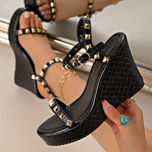 हाई प्लेटफॉर्म ने पार्टी सैंडल महिलाओं रिवेट डेकोर टखने का पट्टा एक-स्ट्रैप ग्रीष्मकालीन जूते जैपैटोस मजर - Product Image 5