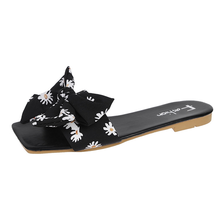 Summer Bow Square Head Flat Shoes Casual Slides Slipper Non Slip Ladies Sandals and Slippers