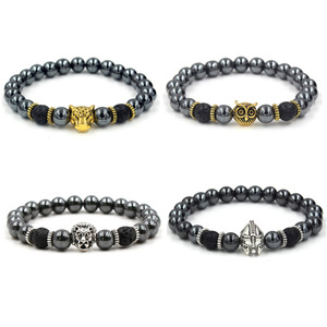 Pulsera Elástica de Hematita Curativa Natural para Hombre, Pulseras Genuinas de Piedra de Lava y Hematita con León, Leopardo y Búho con Aleación para Hombre y Mujer - Product Image 1