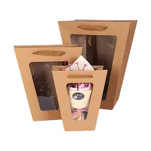 Transparent window trapezoid tote Flower bouquet packaging window bag green plant bag kraft paper gift bag
